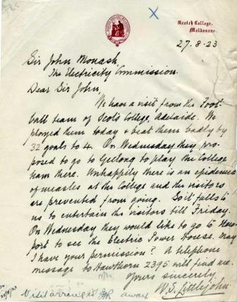 Letter to Sir John Monash from the Principal, <br/>William Littlejon, of Scotch College <br/>(Courtesy Scotch College Archives (Melbourne).